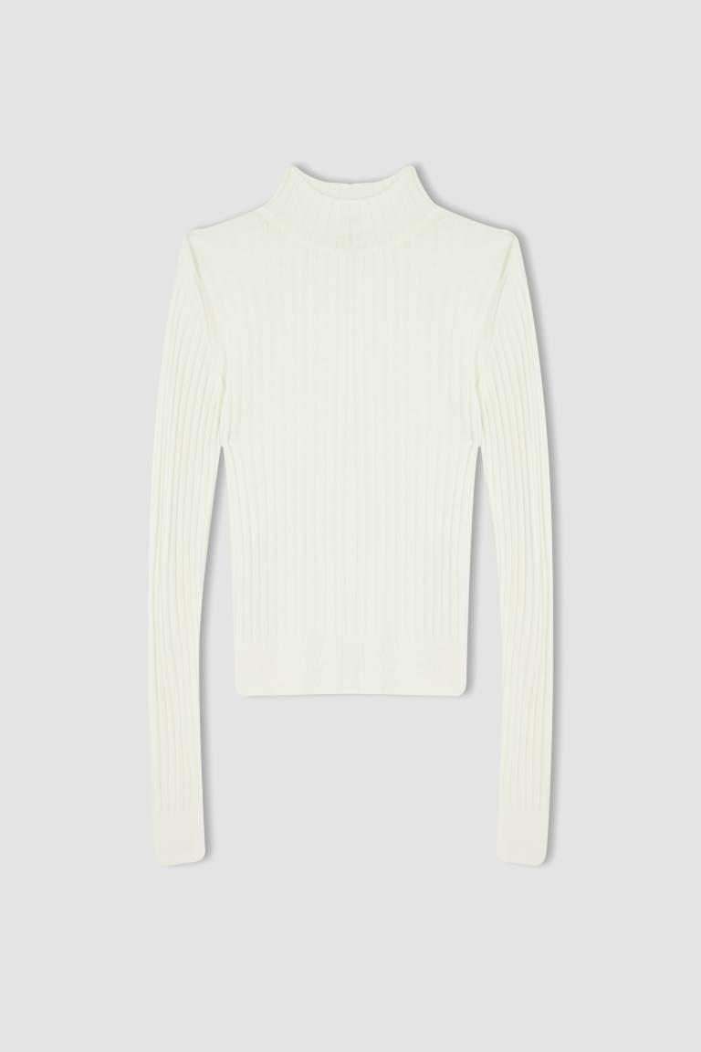 Slim Fit Yarım Balıkçı Yaka Basic Fitilli Triko Kazak