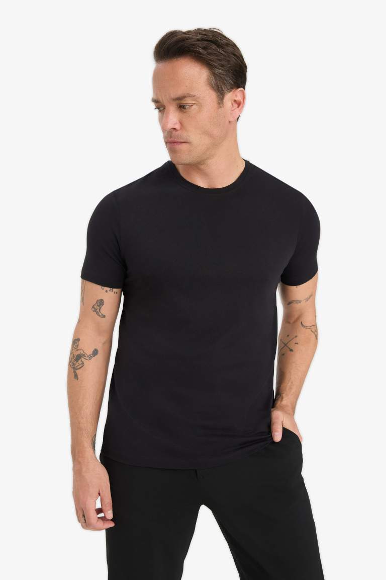 Slim Fit Dar Kesim Bisiklet Yaka Basic Düz Kısa Kollu Tişört