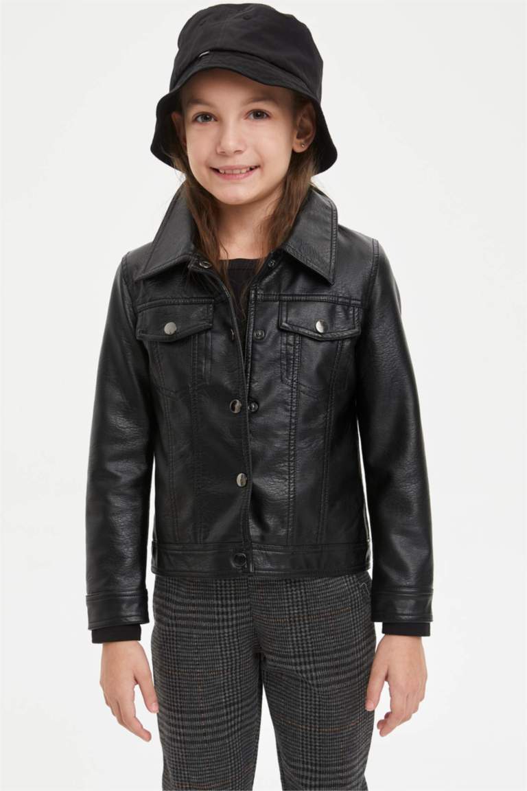 Siyah Kız Çocuk Genç Kız Kız Çocuk Düğmeli Suni Deri