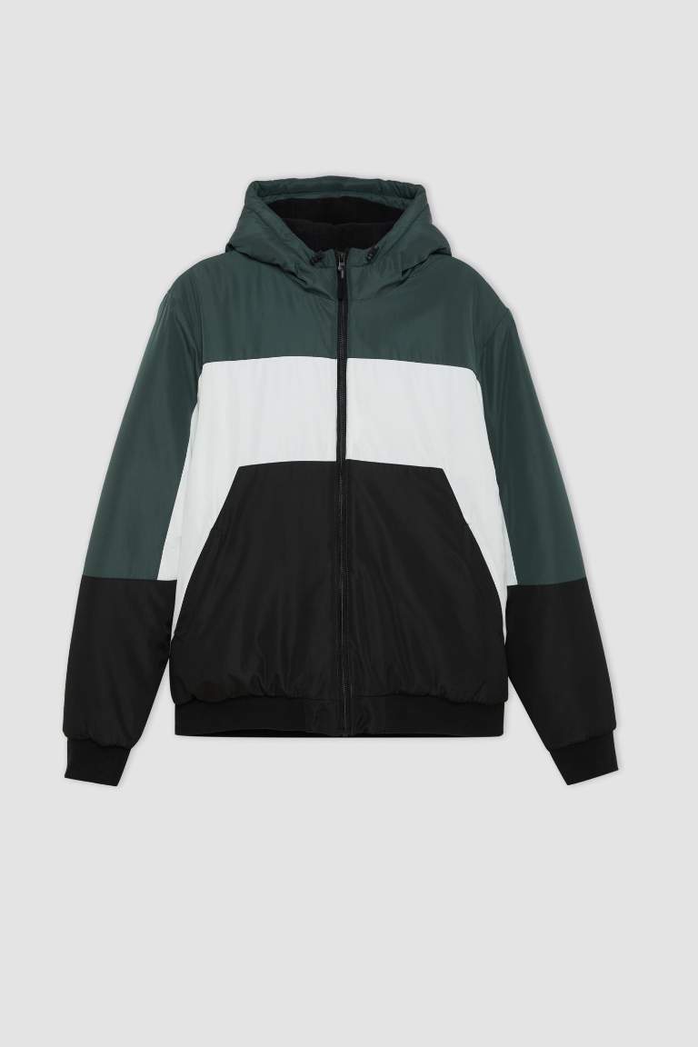 Su Geçirmez Rüzgar Geçirmez Slim Fit Kapüşonlu Blok Desenli Polar Astarlı Mont
