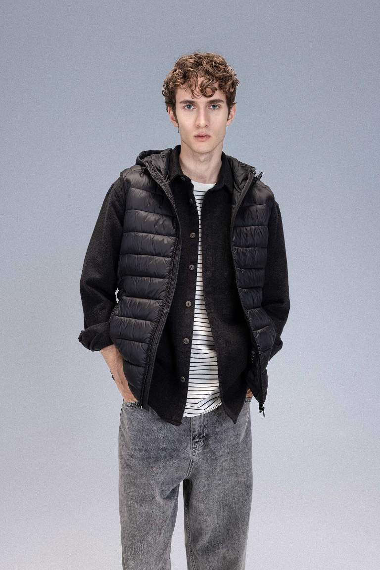 Hooded Zipper Closure Pocketed Thin Puffer Vest