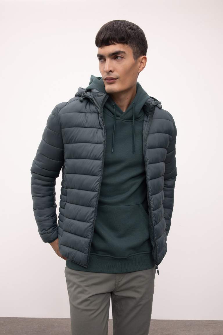 Su İtici Hafif Şişme Mont Slim Fit Dar Kesim Kapüşonlu Fermuarlı Cepli Mevsimlik