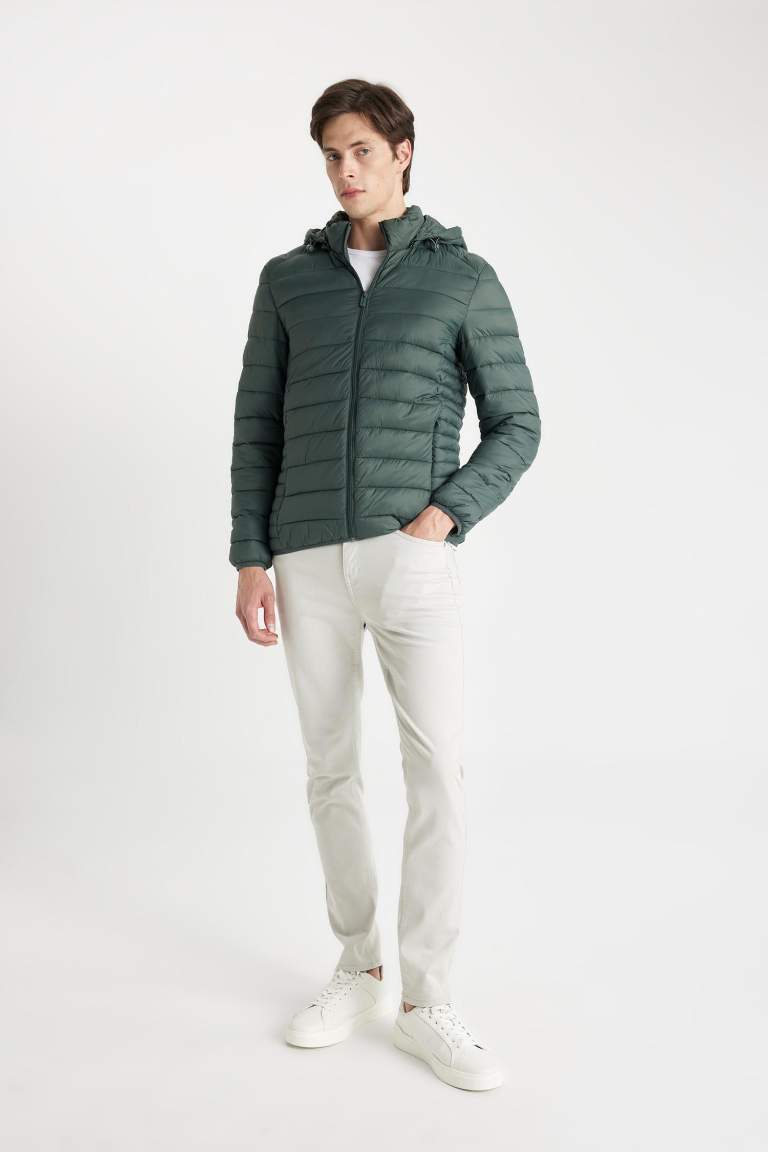 Su İtici Hafif Şişme Mont Slim Fit Dar Kesim Kapüşonlu Fermuarlı Cepli Mevsimlik