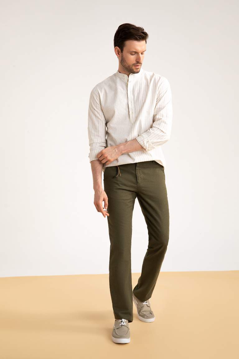 Regular Fit Keten Karışımlı Chino Pantolon