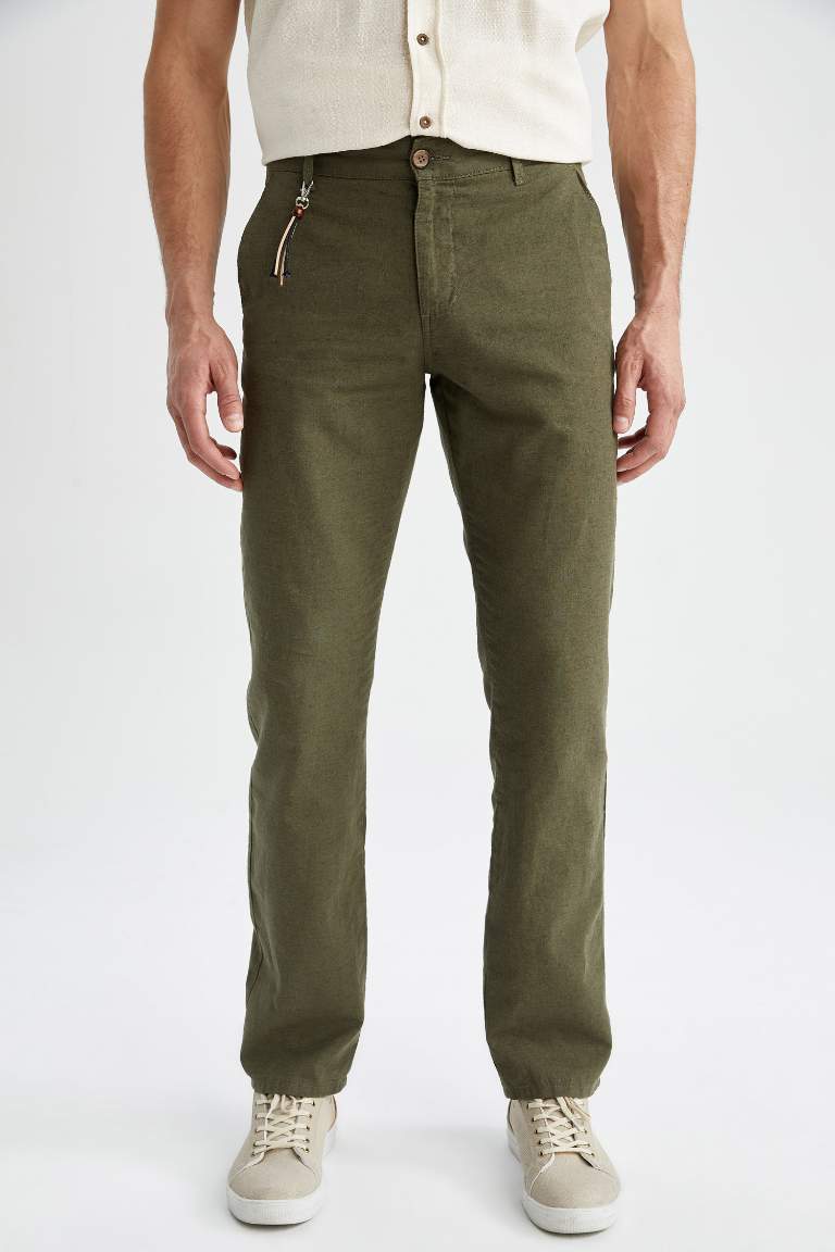 Regular Fit Keten Karışımlı Chino Pantolon
