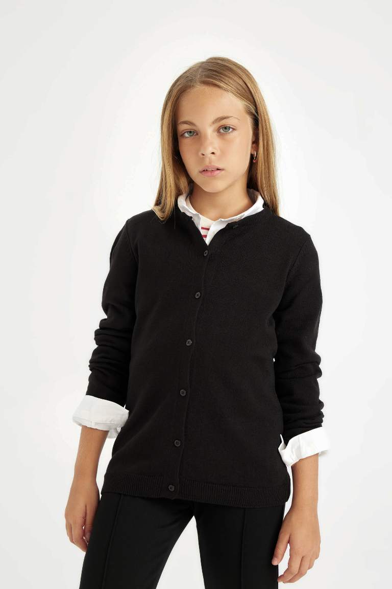 Cardigan en tricot noir à col rond à boutons pour Fille