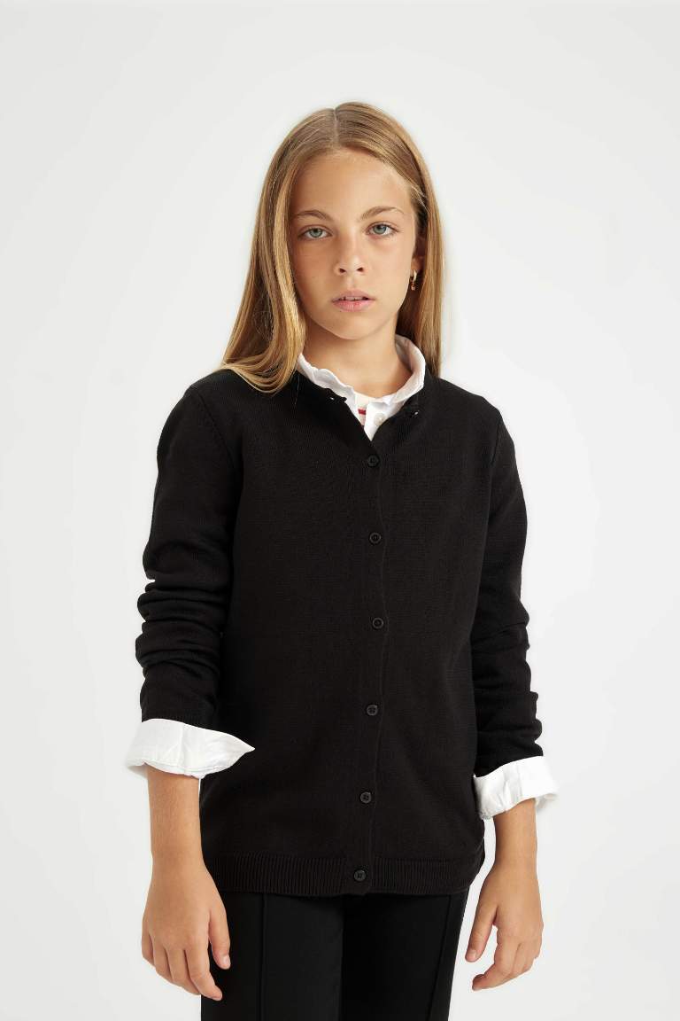 Cardigan en tricot noir à col rond à boutons pour Fille