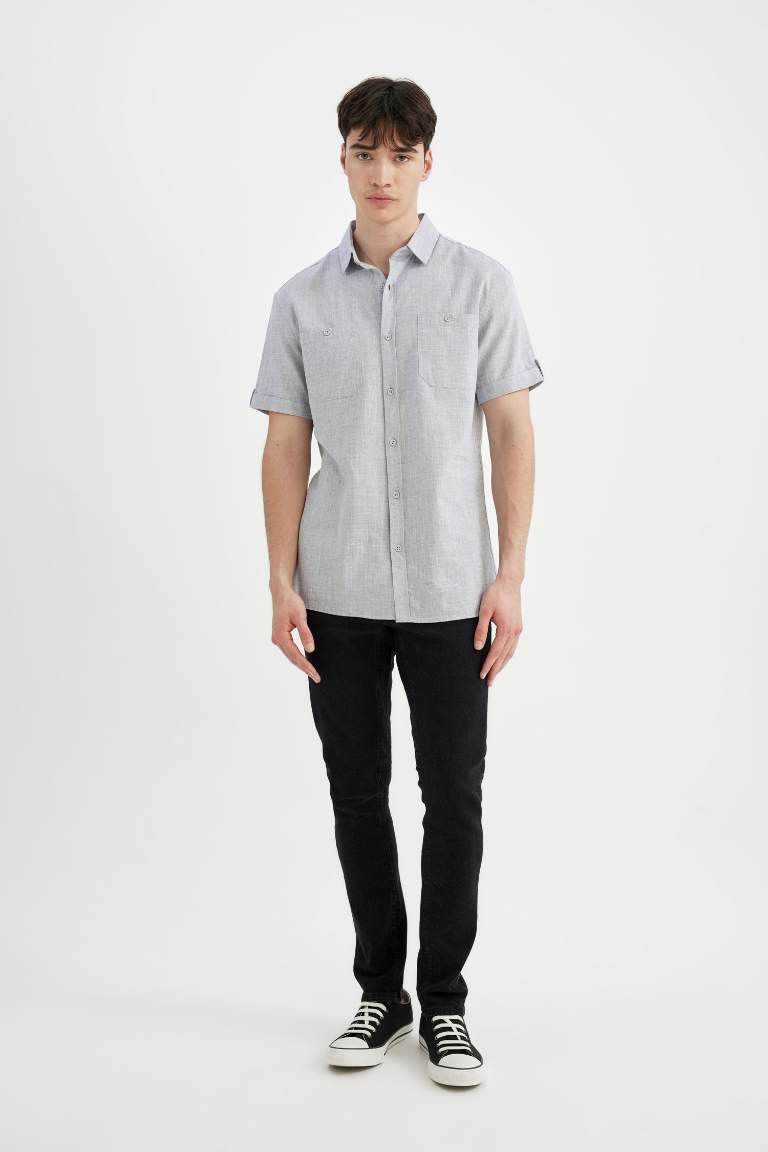 Chemise en Popeline Slim à Manches Courtes