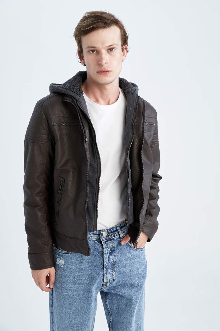 Slim Fit Kapüşonlu İçi Yumuşak Tüylü Suni Deri Mont