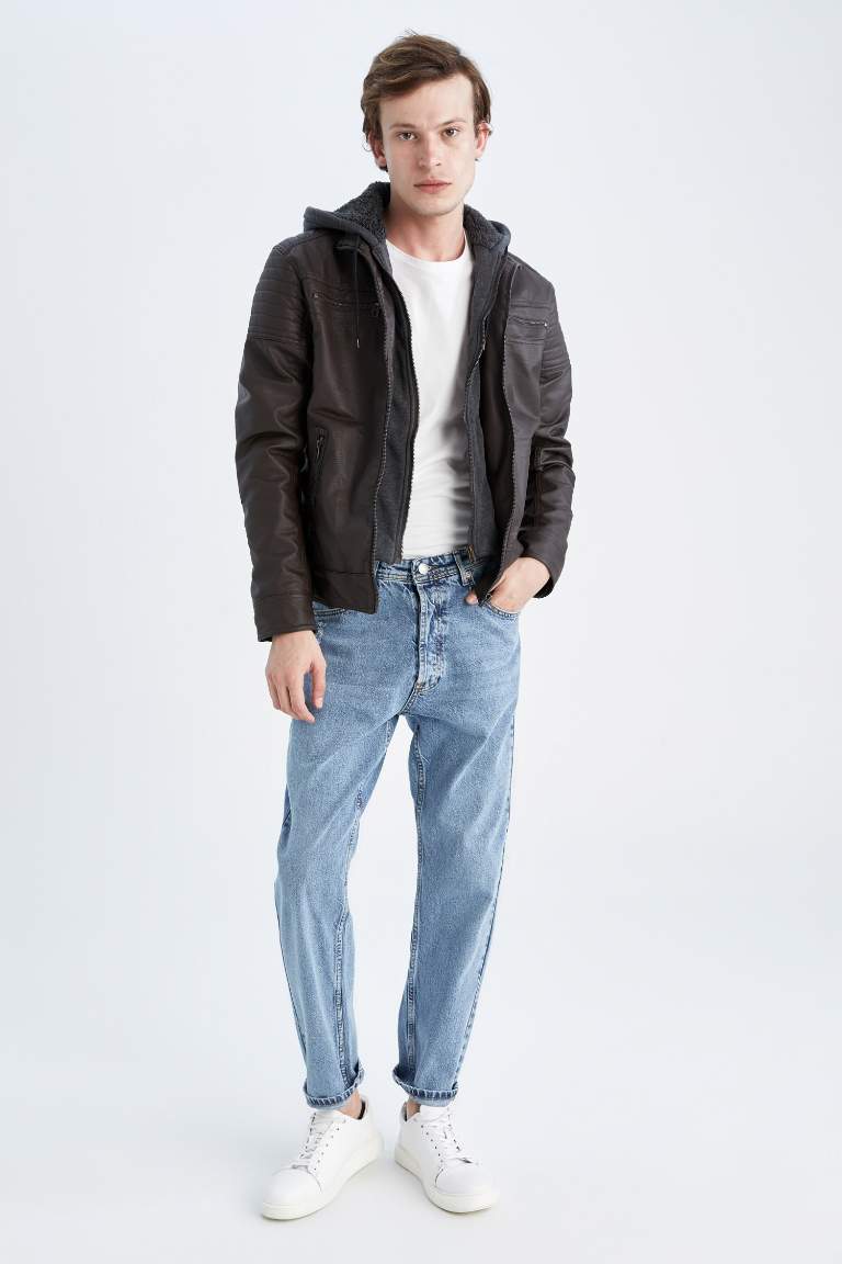 Slim Fit Kapüşonlu İçi Yumuşak Tüylü Suni Deri Mont