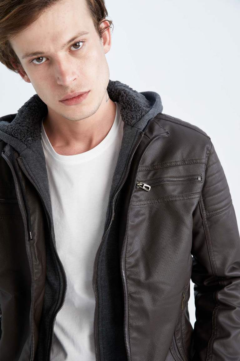 Slim Fit Kapüşonlu İçi Yumuşak Tüylü Suni Deri Mont