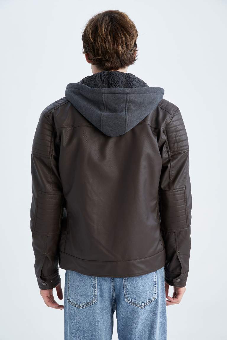 Slim Fit Kapüşonlu İçi Yumuşak Tüylü Suni Deri Mont