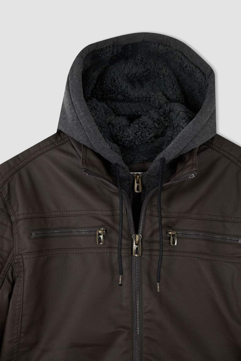 Slim Fit Kapüşonlu İçi Yumuşak Tüylü Suni Deri Mont