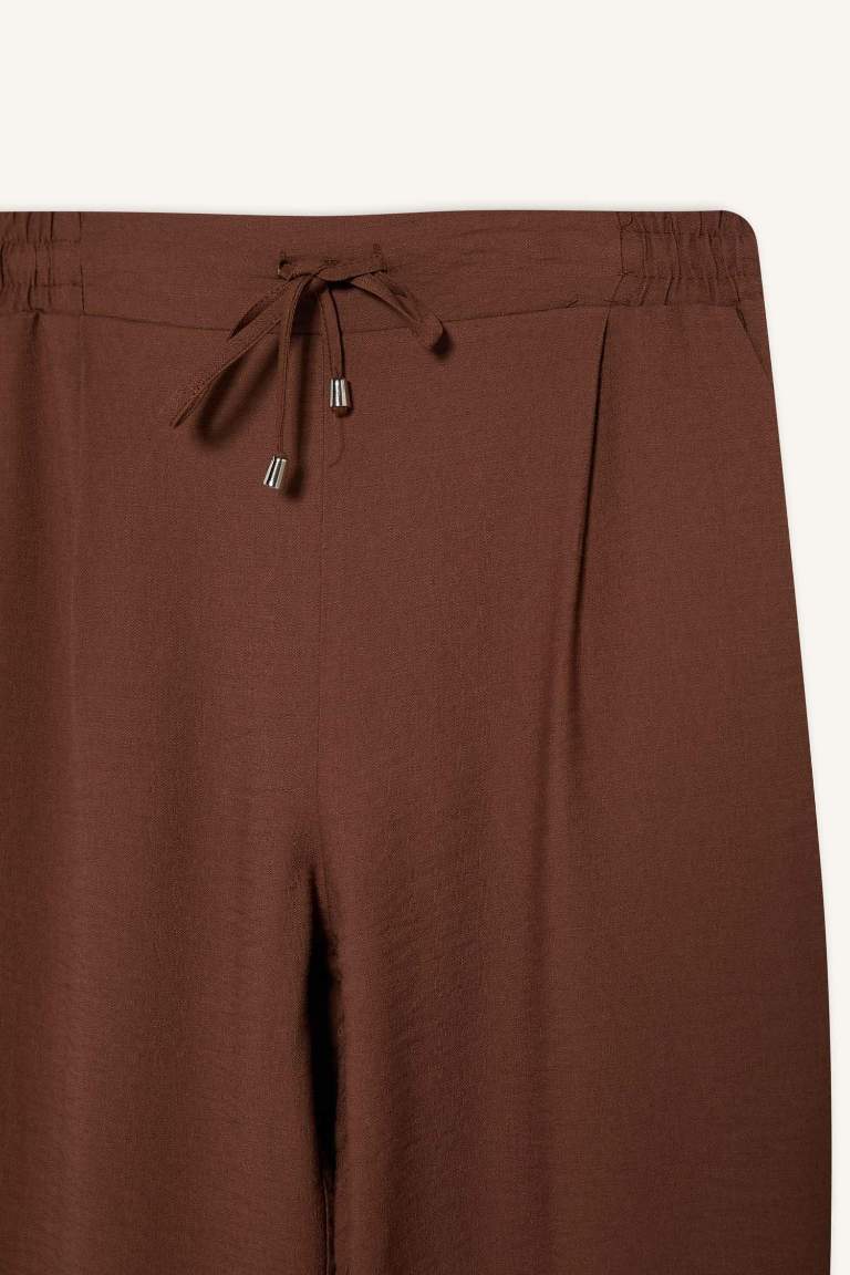 	Jogger Pantolon Keten Görünümlü Cepli Yüksek Bel Düz Paça