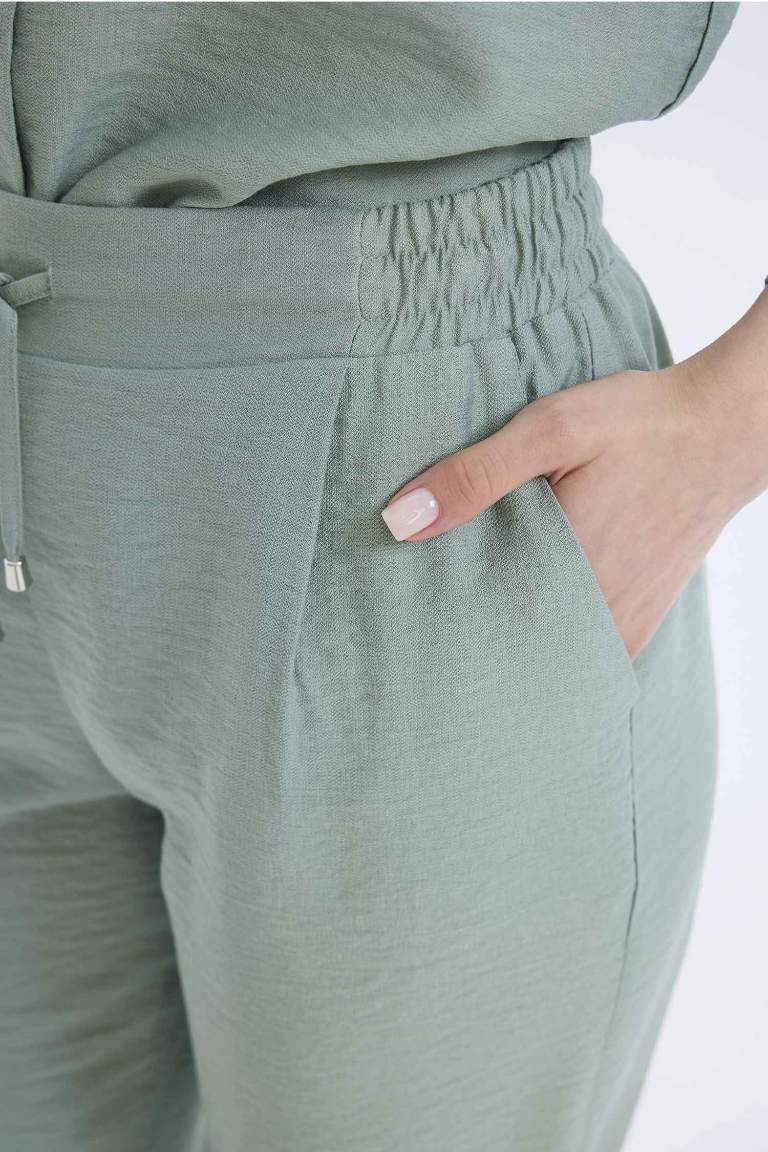 Jogger Pantolon Keten Görünümlü Cepli Yüksek Bel Düz Paça