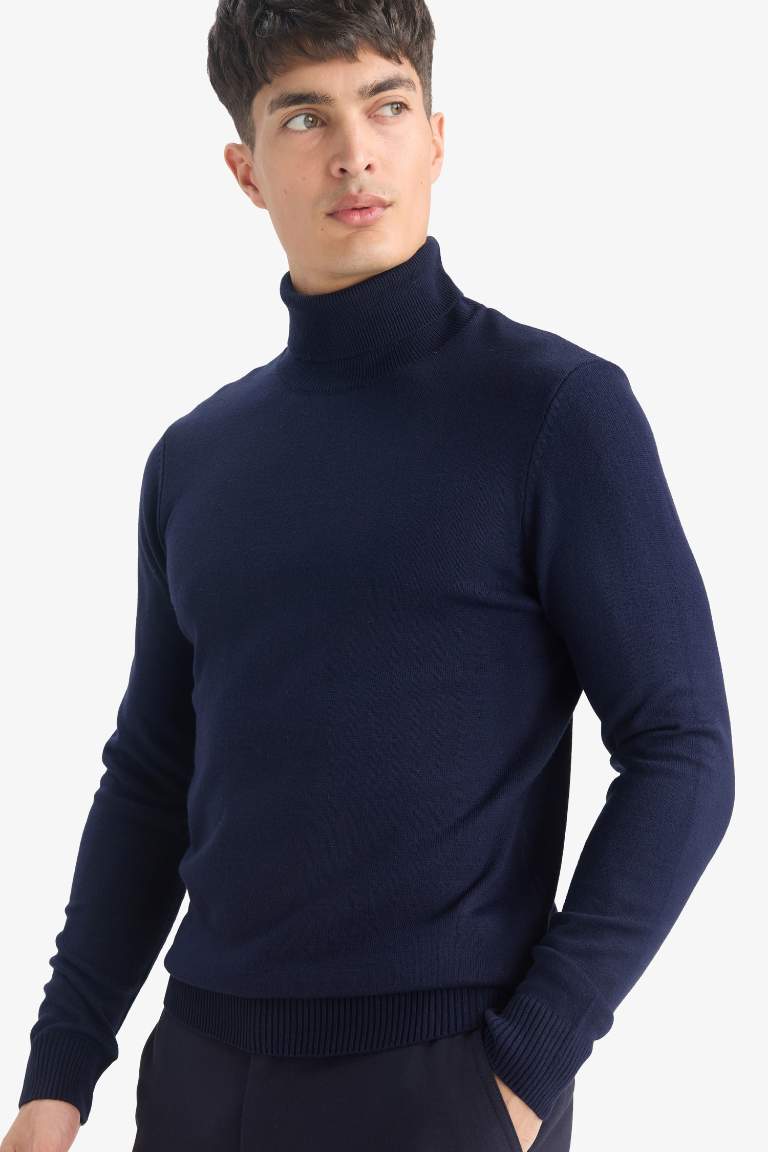 Slim Fit Dar Kesim Balıkçı Yaka Basic Düz Triko Kazak