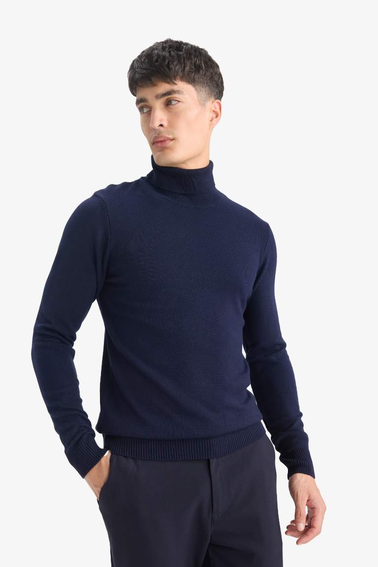 Slim Fit Dar Kesim Balıkçı Yaka Basic Düz Triko Kazak