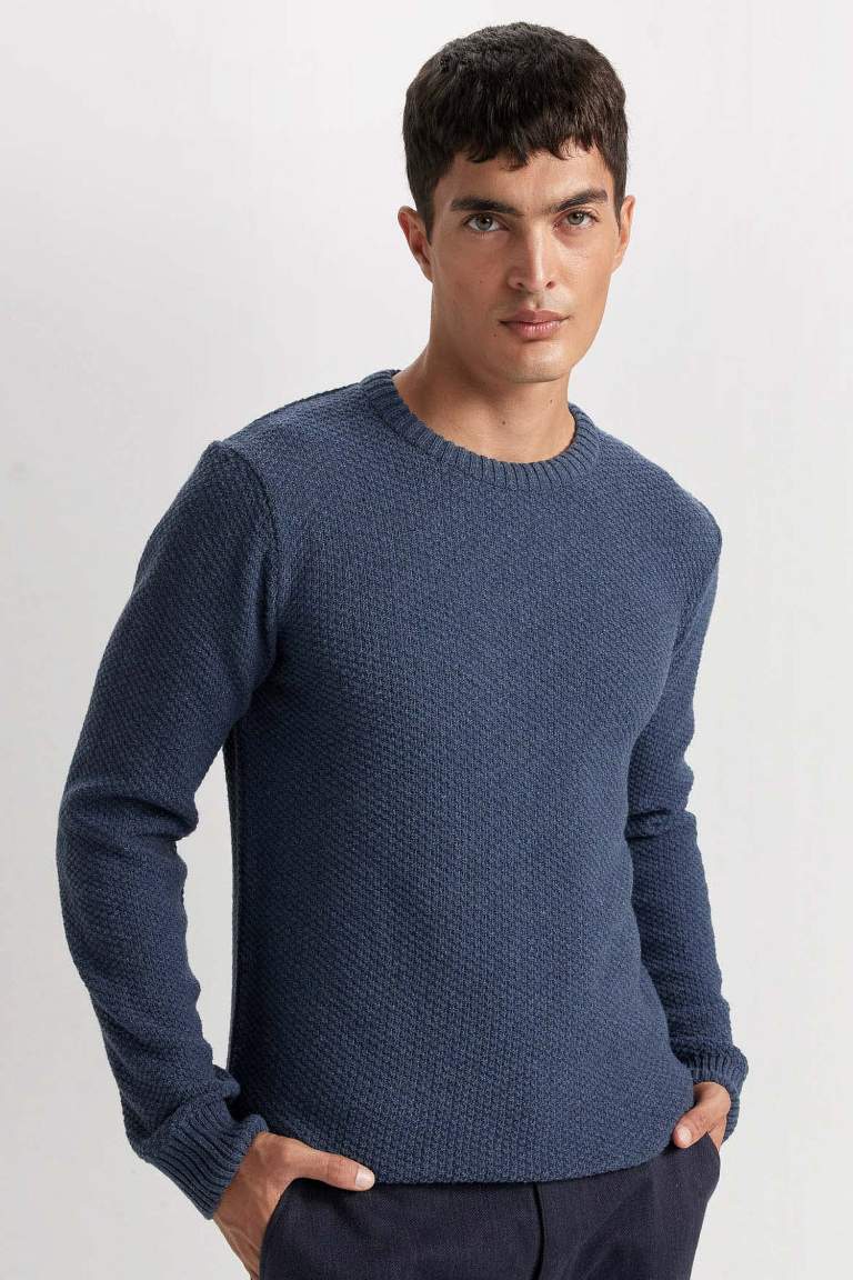 Standard Fit Crew Neck Textured Basic Knitted Pullover