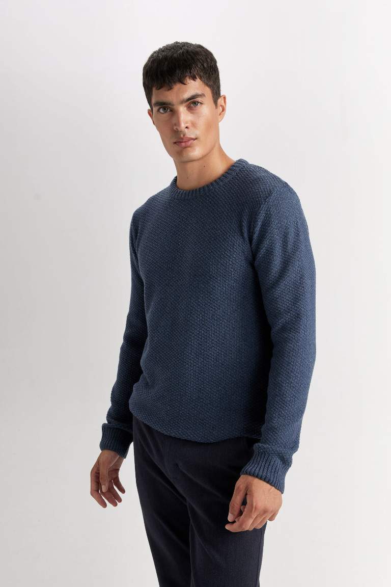 Standard Fit Crew Neck Textured Basic Knitted Pullover