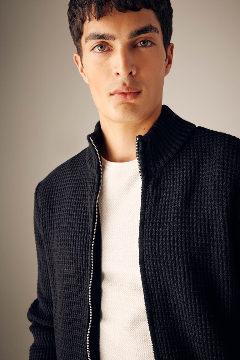 Cardigan Zippé Col Montant Homme Femme – Pull Fin Décontracté – Coupe Slim Confortable