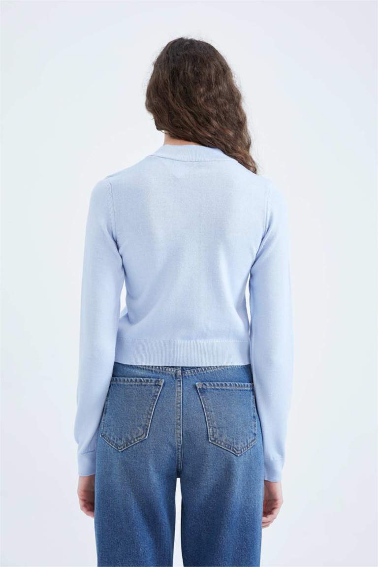 Голубой Женская Пуловер приталенного кроя с воротником