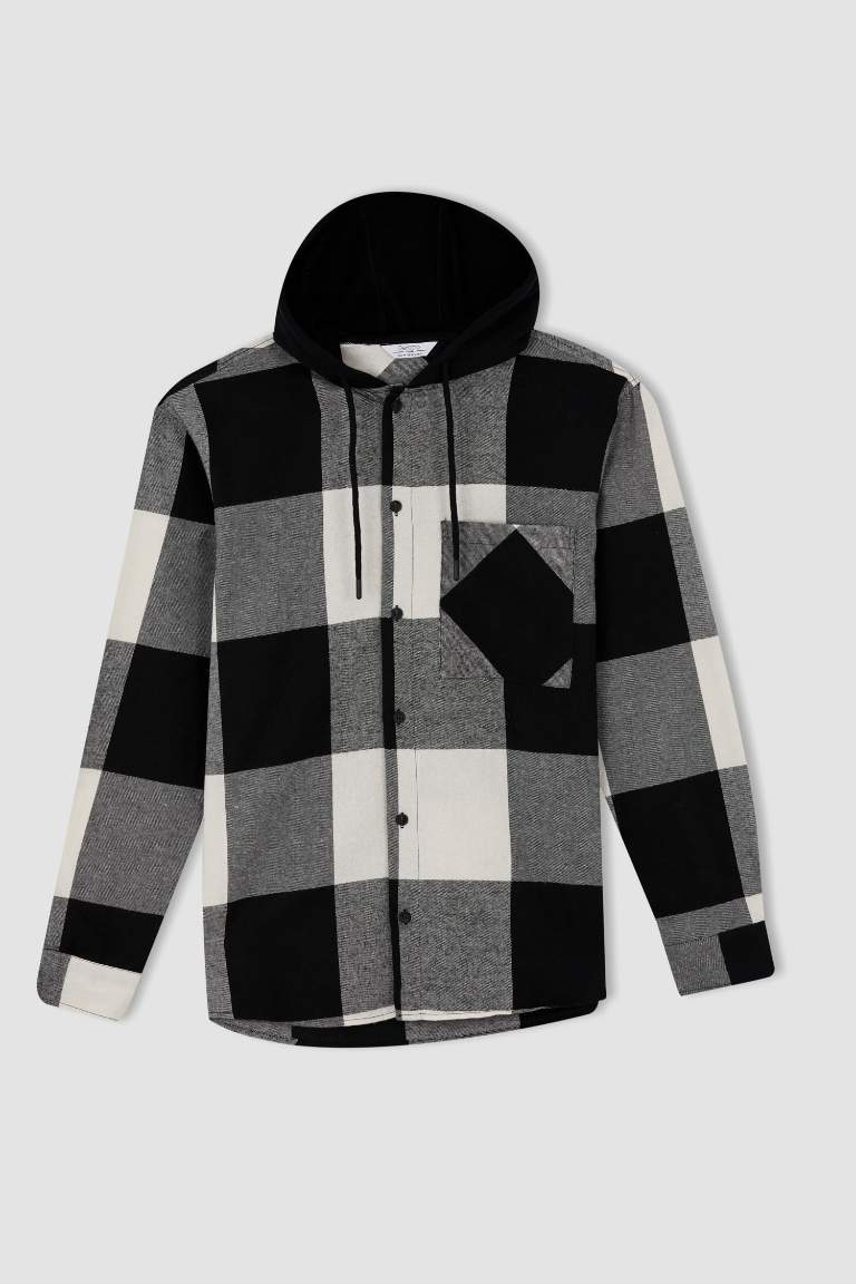 Regular Fit Kapüşonlu Kare Desenli Uzun Kollu Oduncu Gömlek Ceket