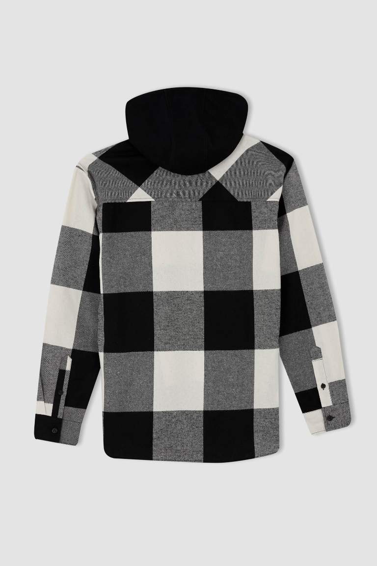 Regular Fit Kapüşonlu Kare Desenli Uzun Kollu Oduncu Gömlek Ceket