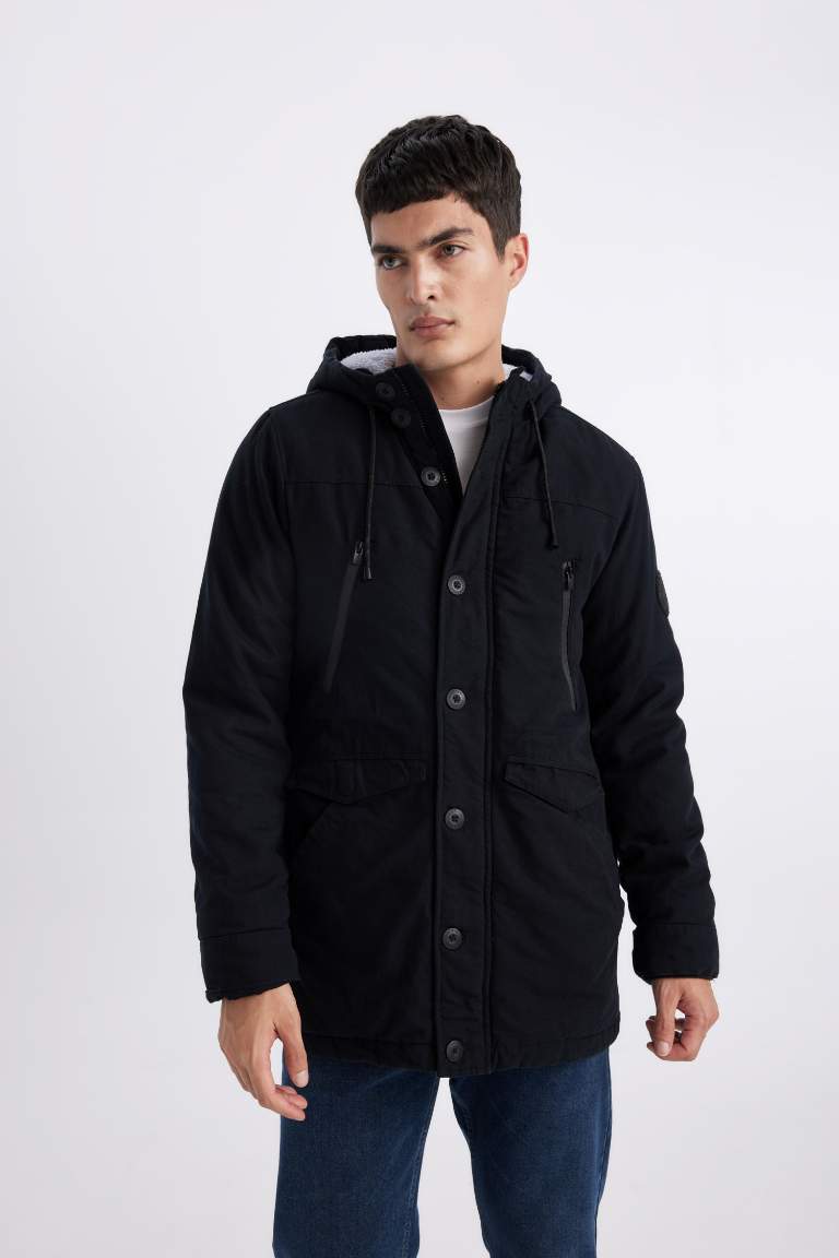 Black Man Slim Fit Hooded Plush Lining Jacket 2796617 | DeFacto