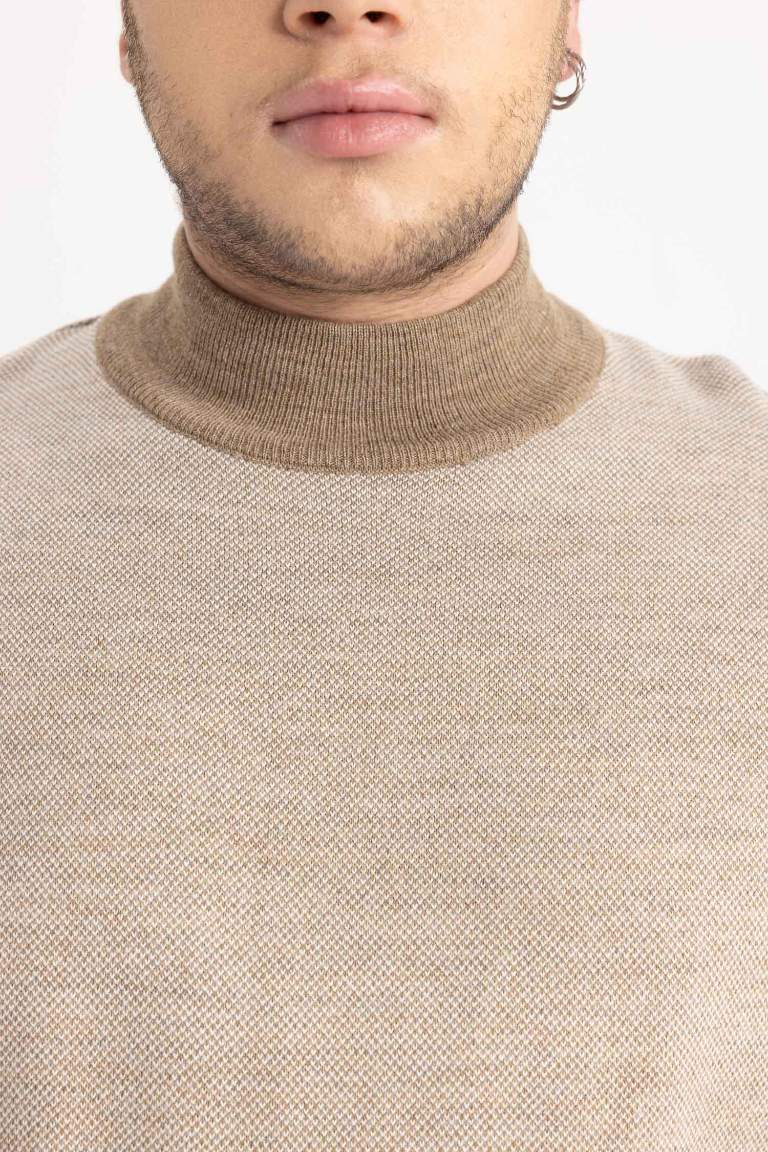 Regular Fit Color Block Turtleneck Knit Pullover