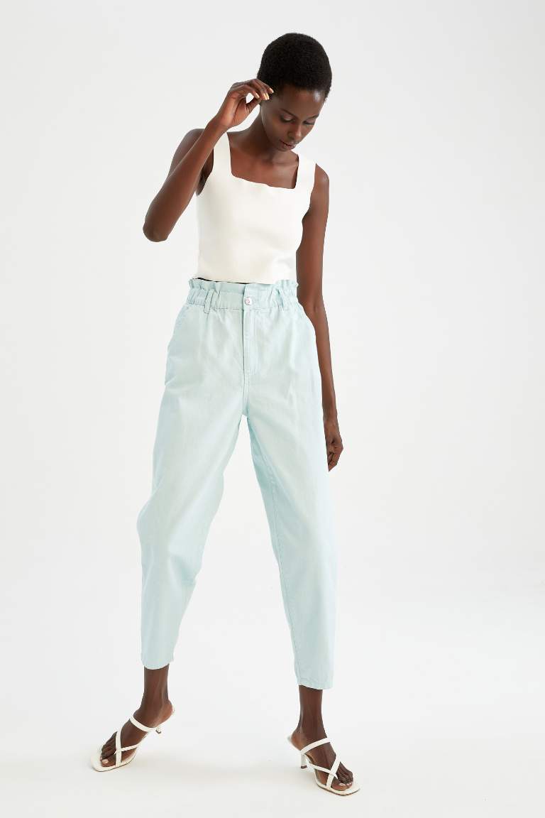 Paperbag High Waist Woven Cotton Trousers