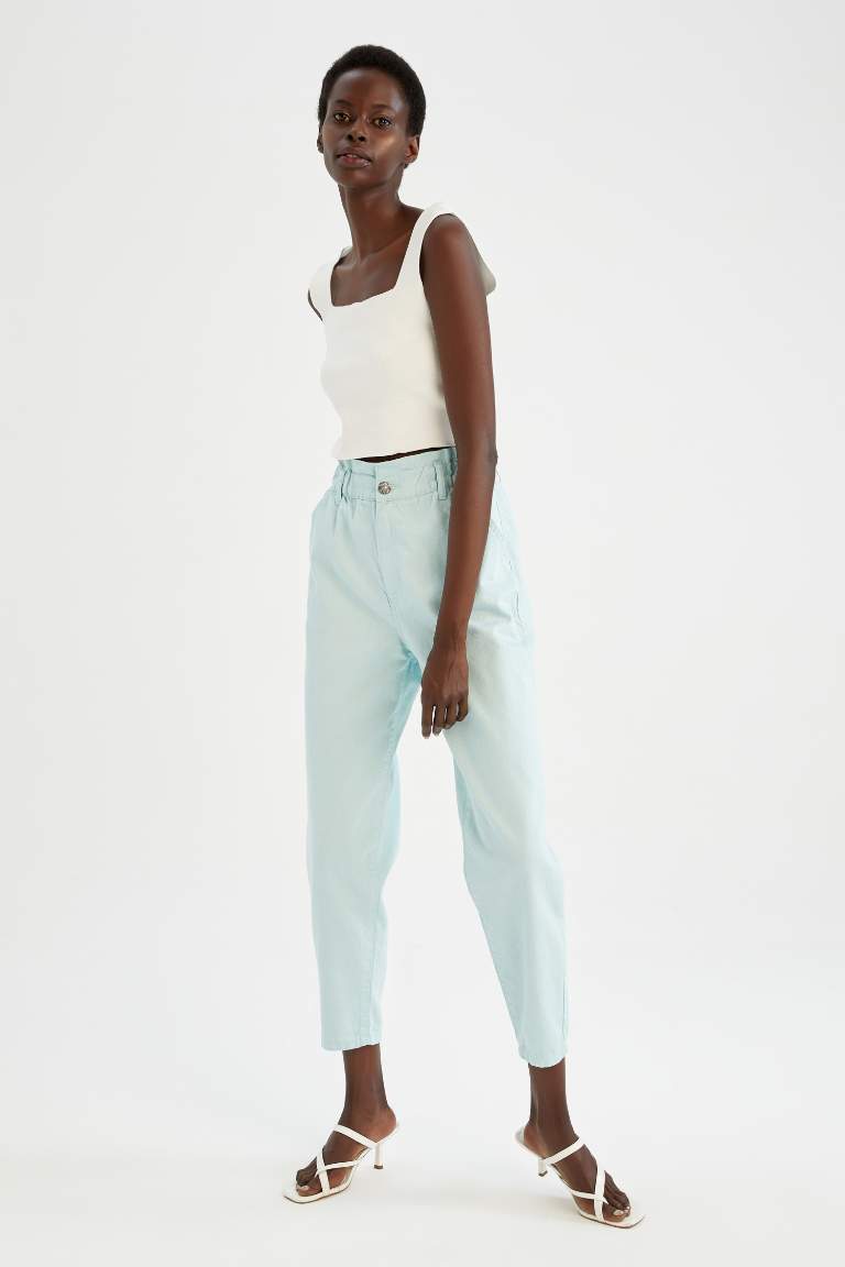 Paperbag High Waist Woven Cotton Trousers