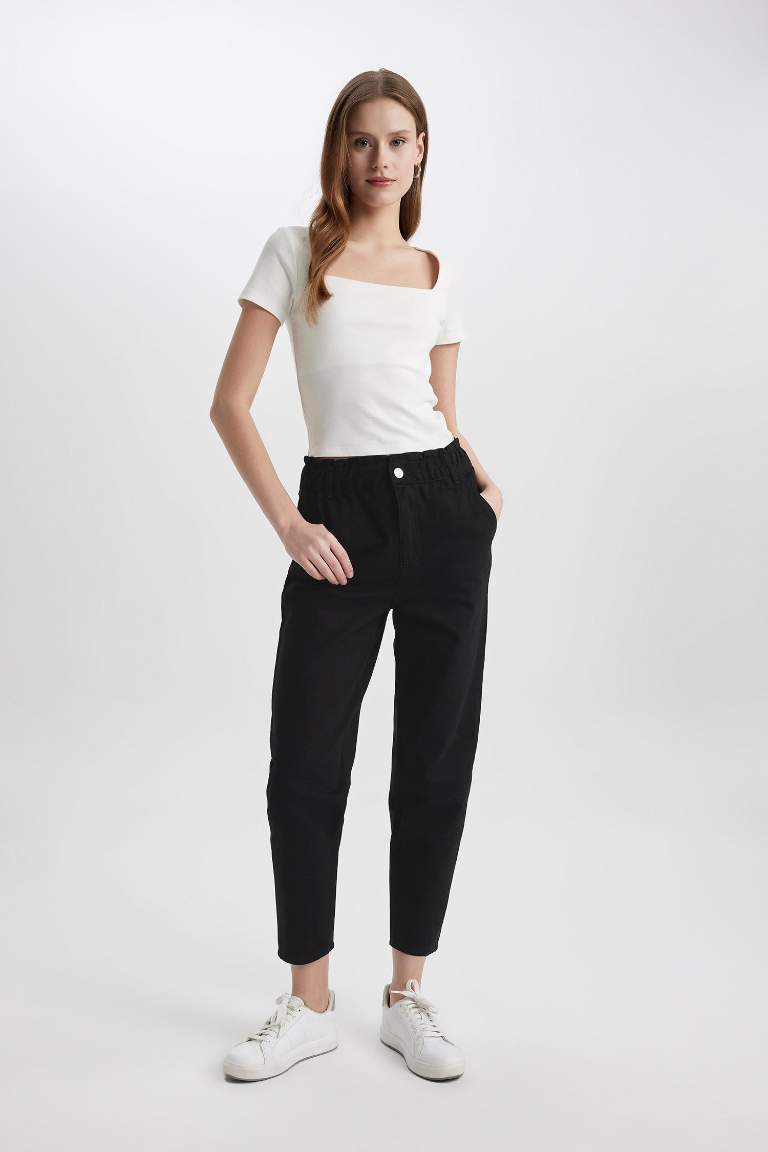 Paperbag Gabardin Kumaş Pantolon Yüksek Bel Cepli Basic Düz Standart Paça