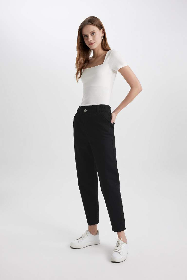 Paperbag Gabardin Kumaş Pantolon Yüksek Bel Cepli Basic Düz Standart Paça