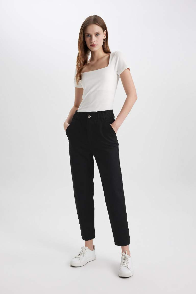 Paperbag Gabardin Kumaş Pantolon Yüksek Bel Cepli Basic Düz Standart Paça