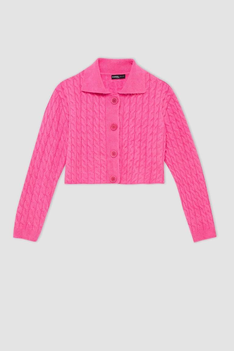 Pink WOMAN Regular Fit Polo Collar Knitwear Cardigan 2641194 | DeFacto