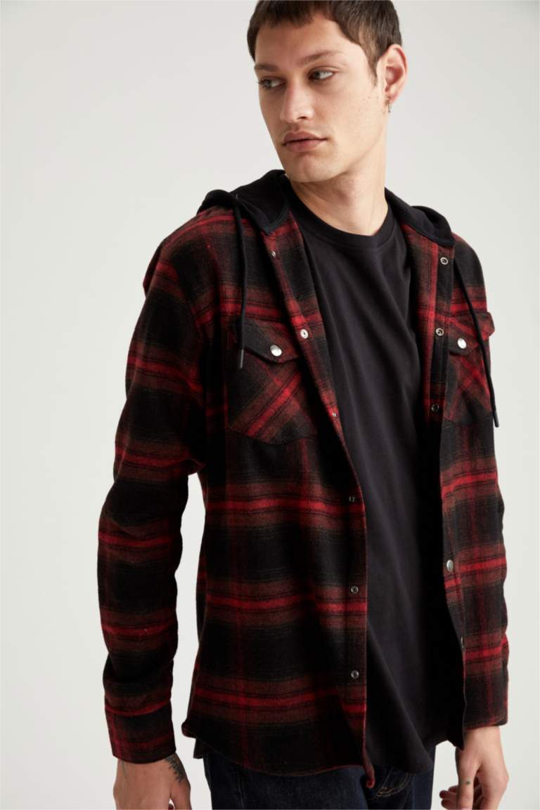 Kırmızı Erkek Modern Fit Uzun Kollu Kapüşonlu Ekose Gömlek