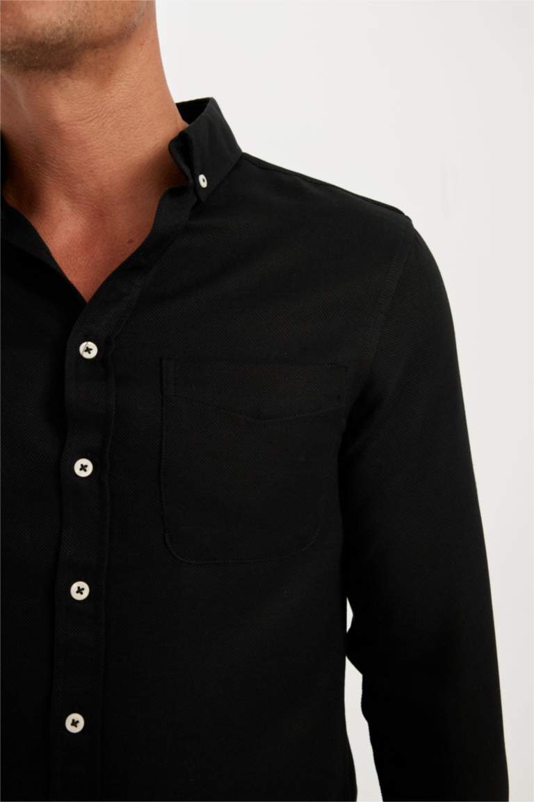 Slim Fit Dar Kesim Polo Yaka Dokulu Uzun Kollu Siyah Gömlek