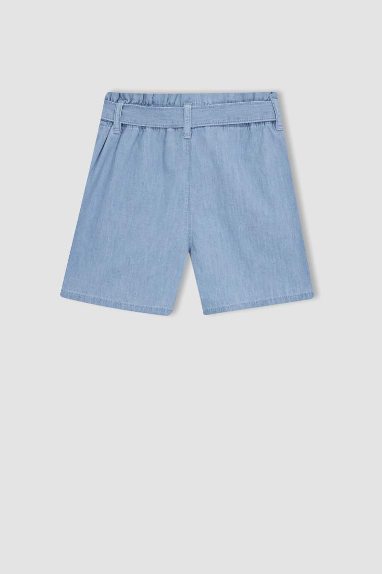 Girl Paperbag Elastic Waist Belted Jean Shorts