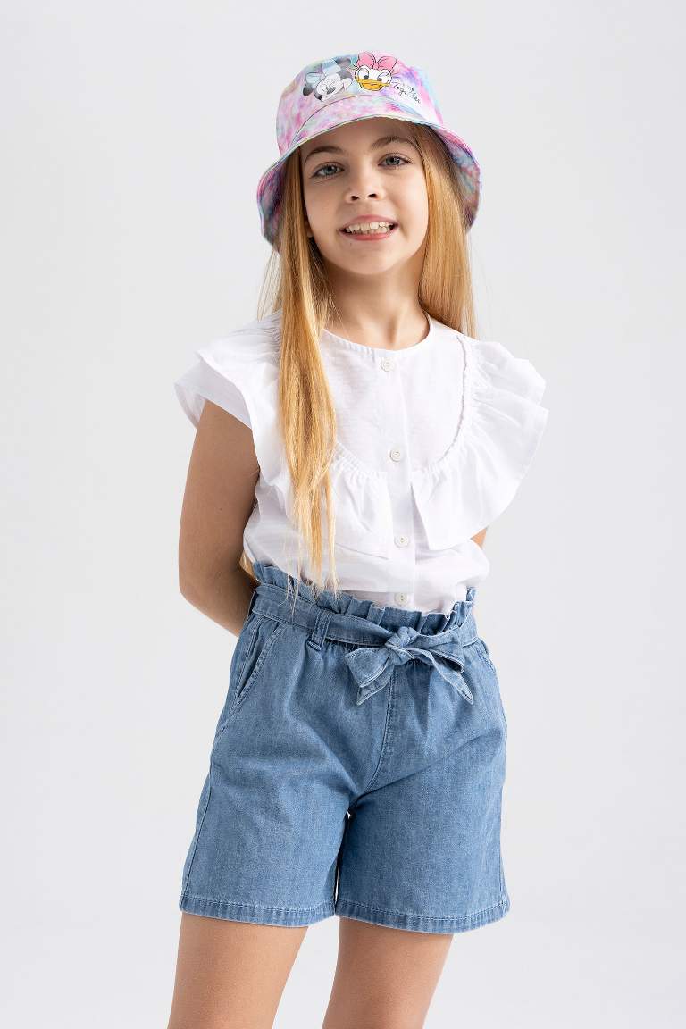 Girl Paperbag Elastic Waist Belted Jean Shorts