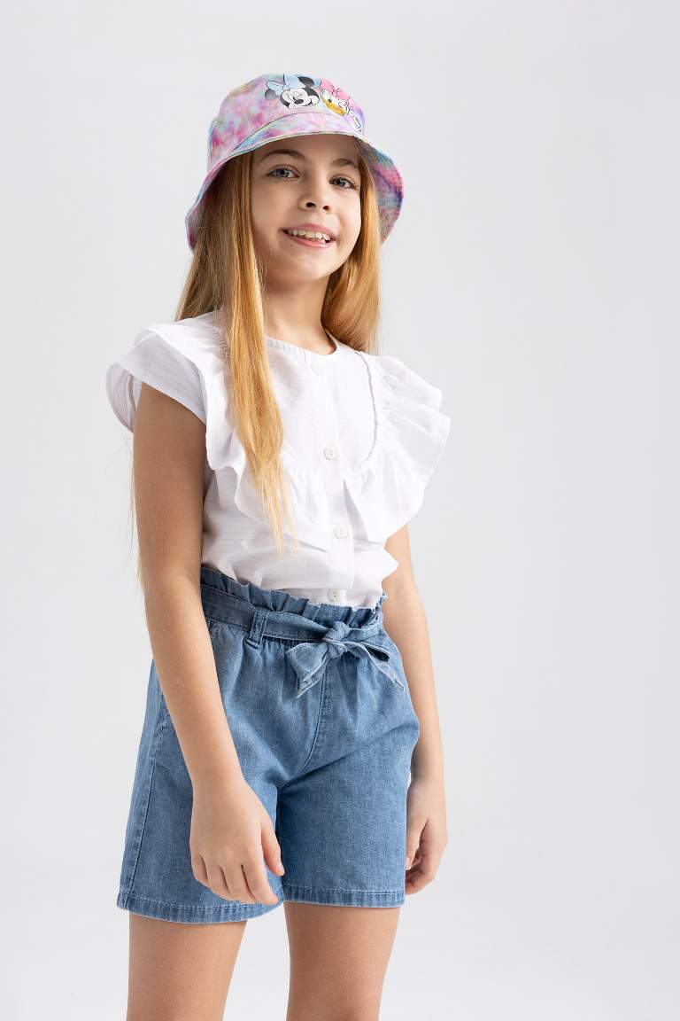 Girl Paperbag Elastic Waist Belted Jean Shorts