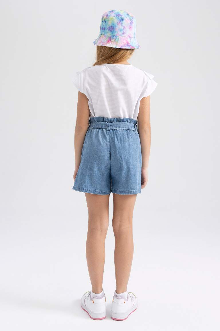 Girl Paperbag Elastic Waist Belted Jean Shorts