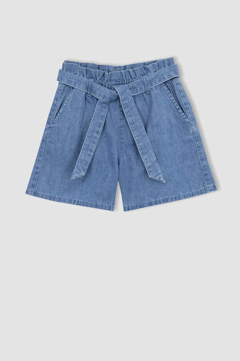 Girl Paperbag Elastic Waist Belted Jean Shorts