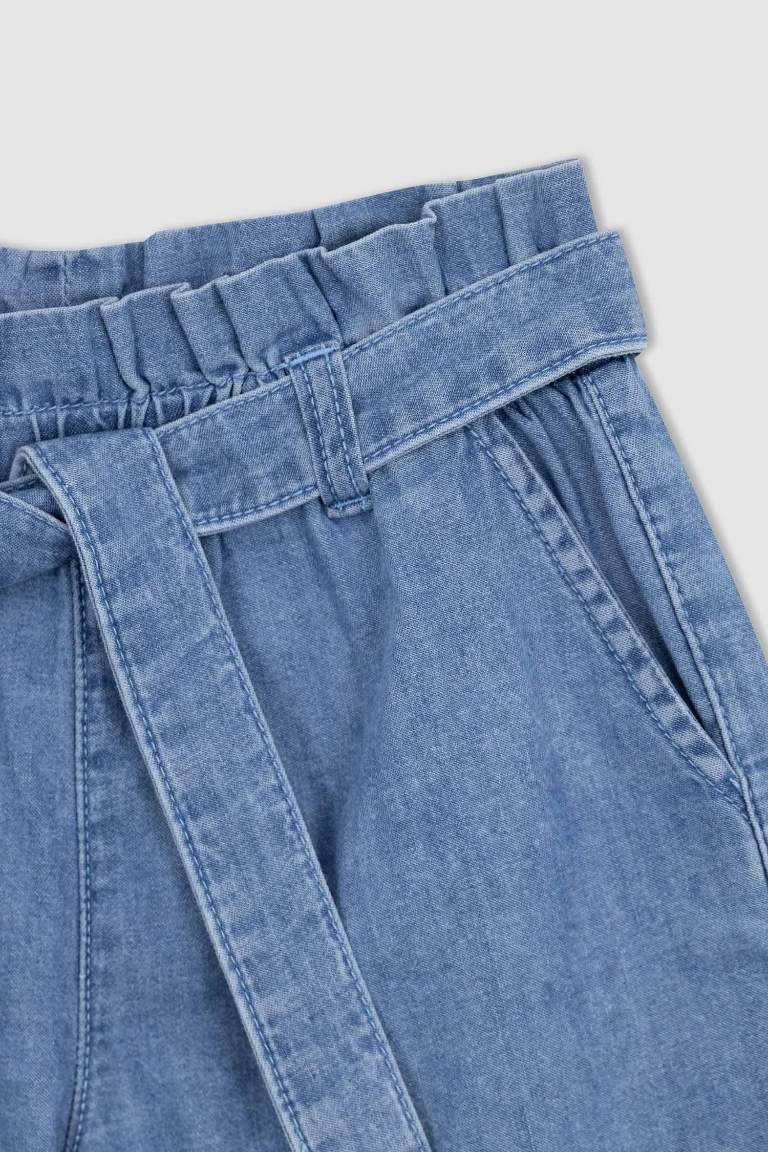 Girl Paperbag Elastic Waist Belted Jean Shorts