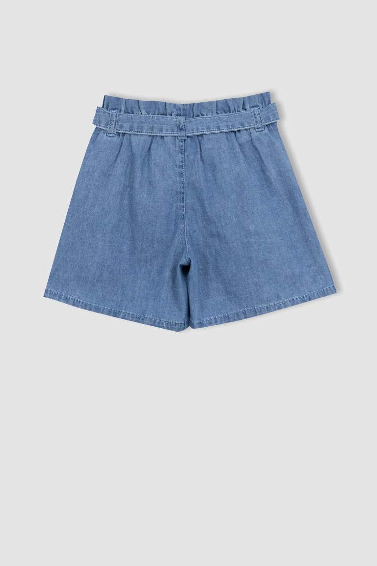 Girl Paperbag Elastic Waist Belted Jean Shorts