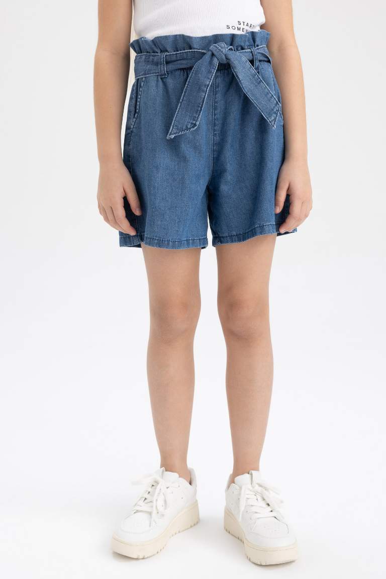 Girl Paperbag Elastic Waist Belted Jean Shorts