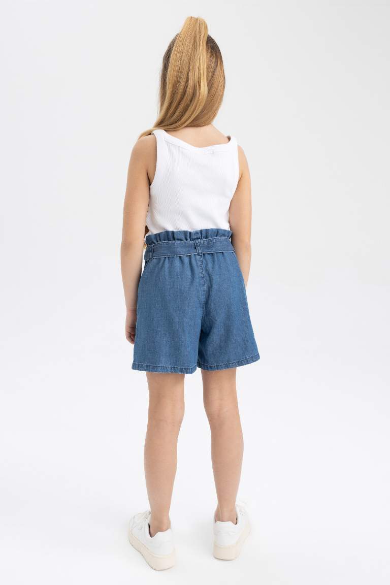 Girl Paperbag Elastic Waist Belted Jean Shorts