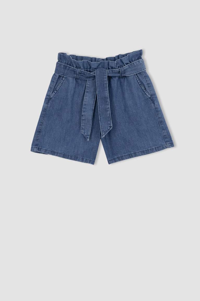 Girl Paperbag Elastic Waist Belted Jean Shorts