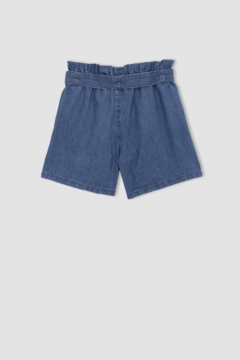 Girl Paperbag Elastic Waist Belted Jean Shorts