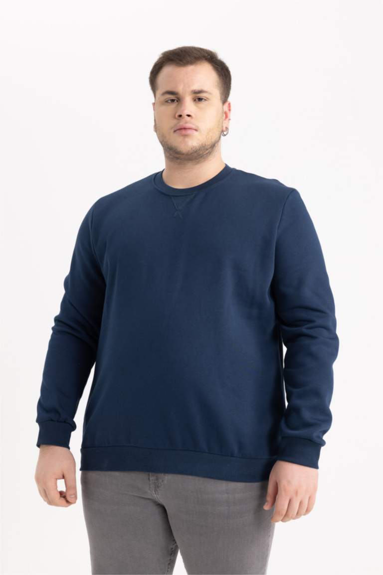 Regular Fit Bisiklet Yaka Kalın Basic Düz Sweatshirt