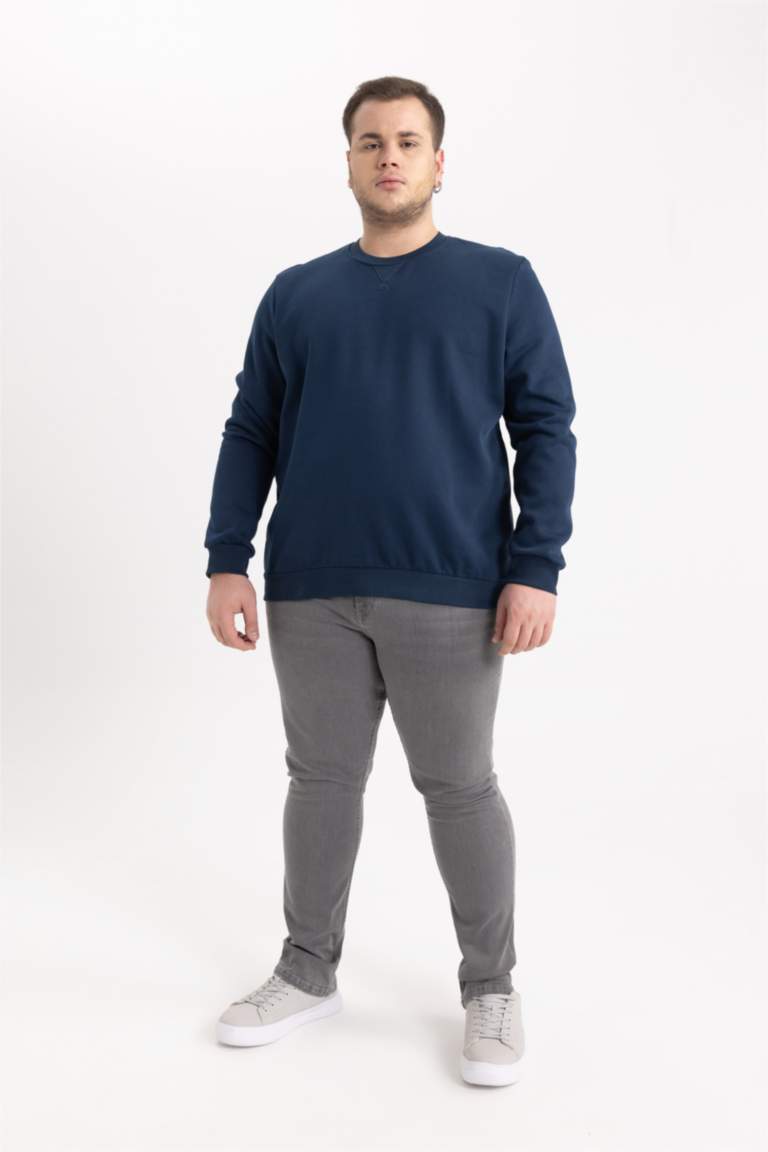 Regular Fit Bisiklet Yaka Kalın Basic Düz Sweatshirt
